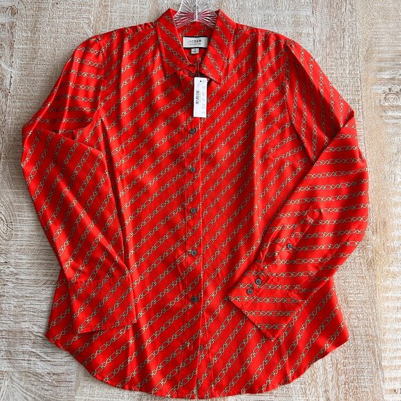 J Crew Collection Red Gold Silk Blouse/Top Gold Chain Link Print NWT size 8 - Picture 3 of 9